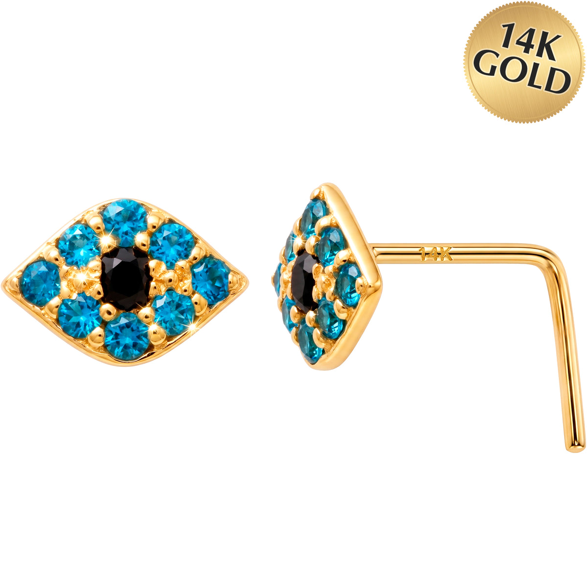 14k Yellow Gold Mystic Evil Eye CZ 22 Gauge Nose Ring L-Shape