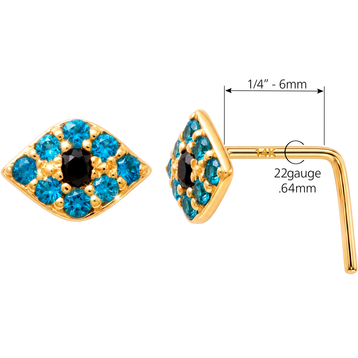 Solid 14k Yellow Gold Mystic Evil Eye CZ 22G L-Shape Nose Ring