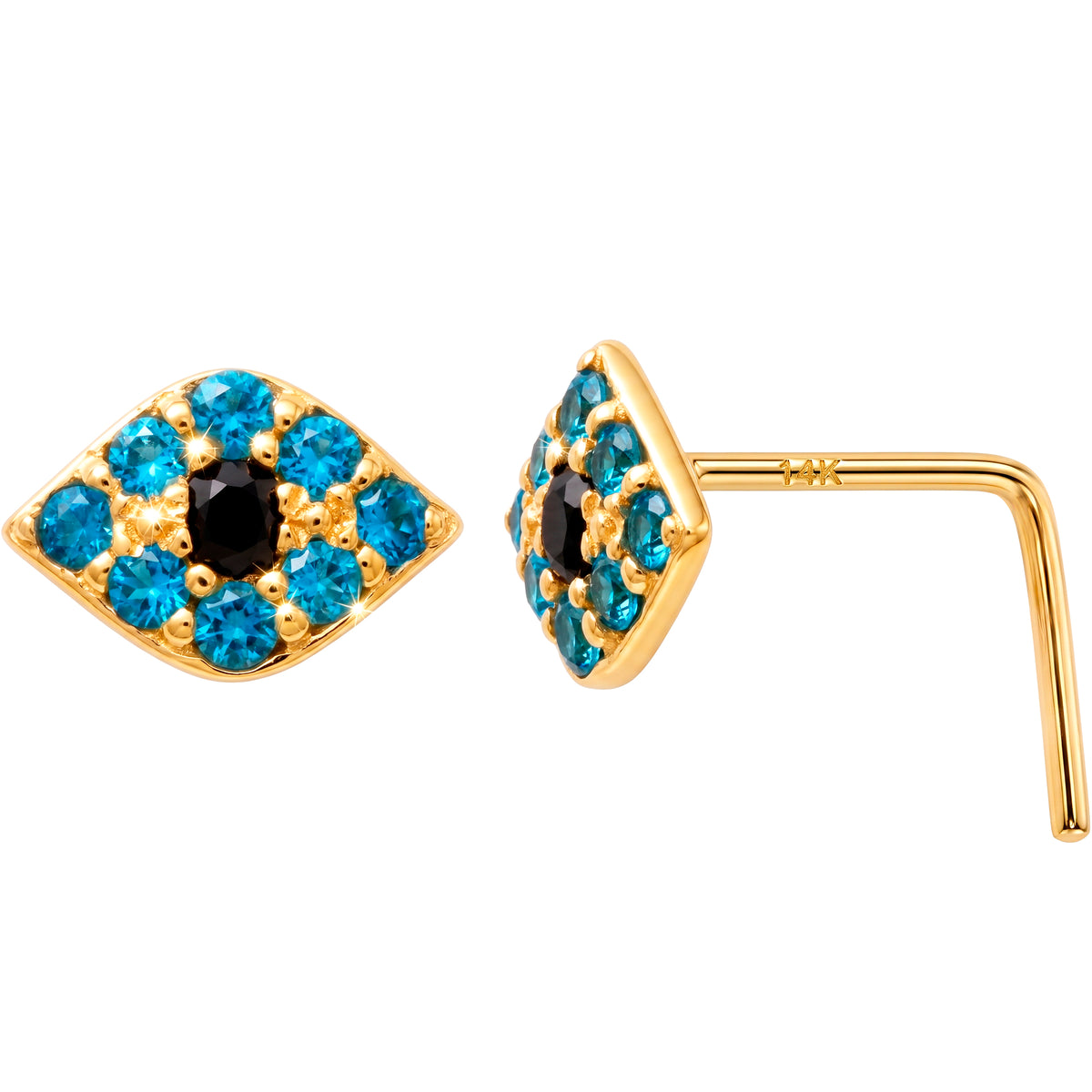 Solid 14k Yellow Gold Mystic Evil Eye CZ 22G L-Shape Nose Ring