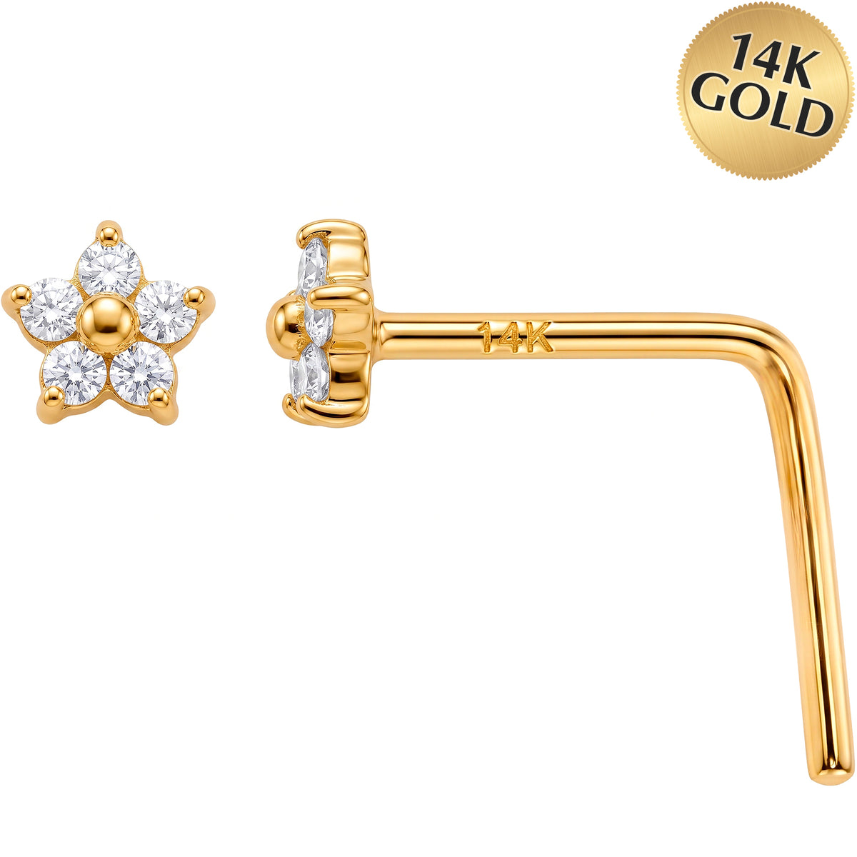 14k Yellow Gold Starlight Flower CZ 22 Gauge Nose Ring L-Shape