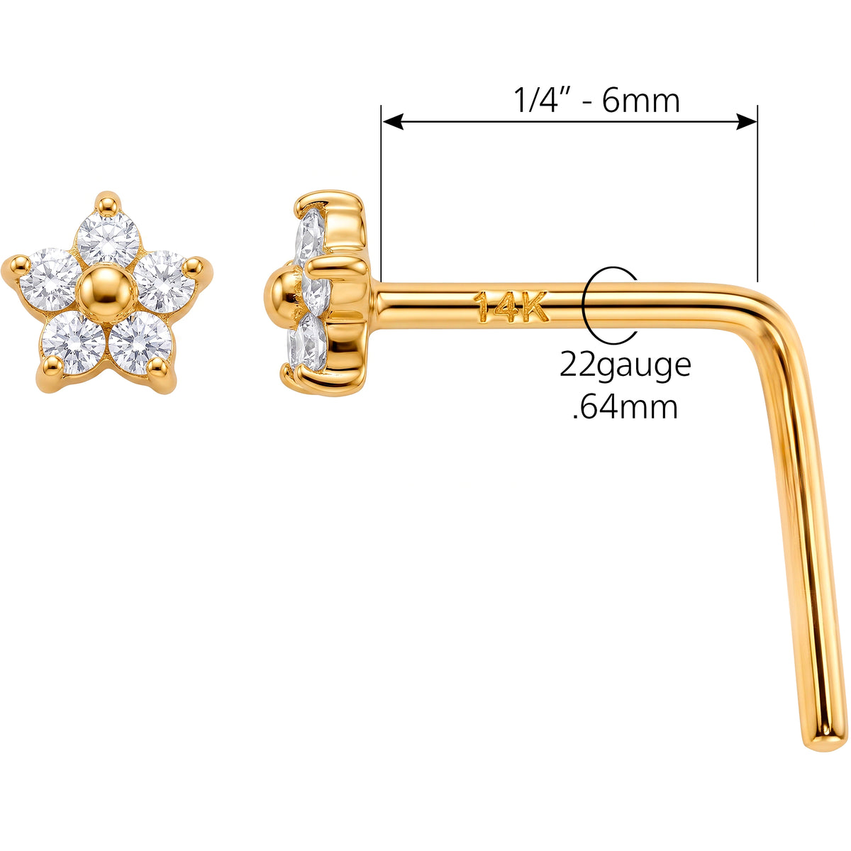 Solid 14k Yellow Gold Starlight Flower CZ 22G L-Shape Nose Ring