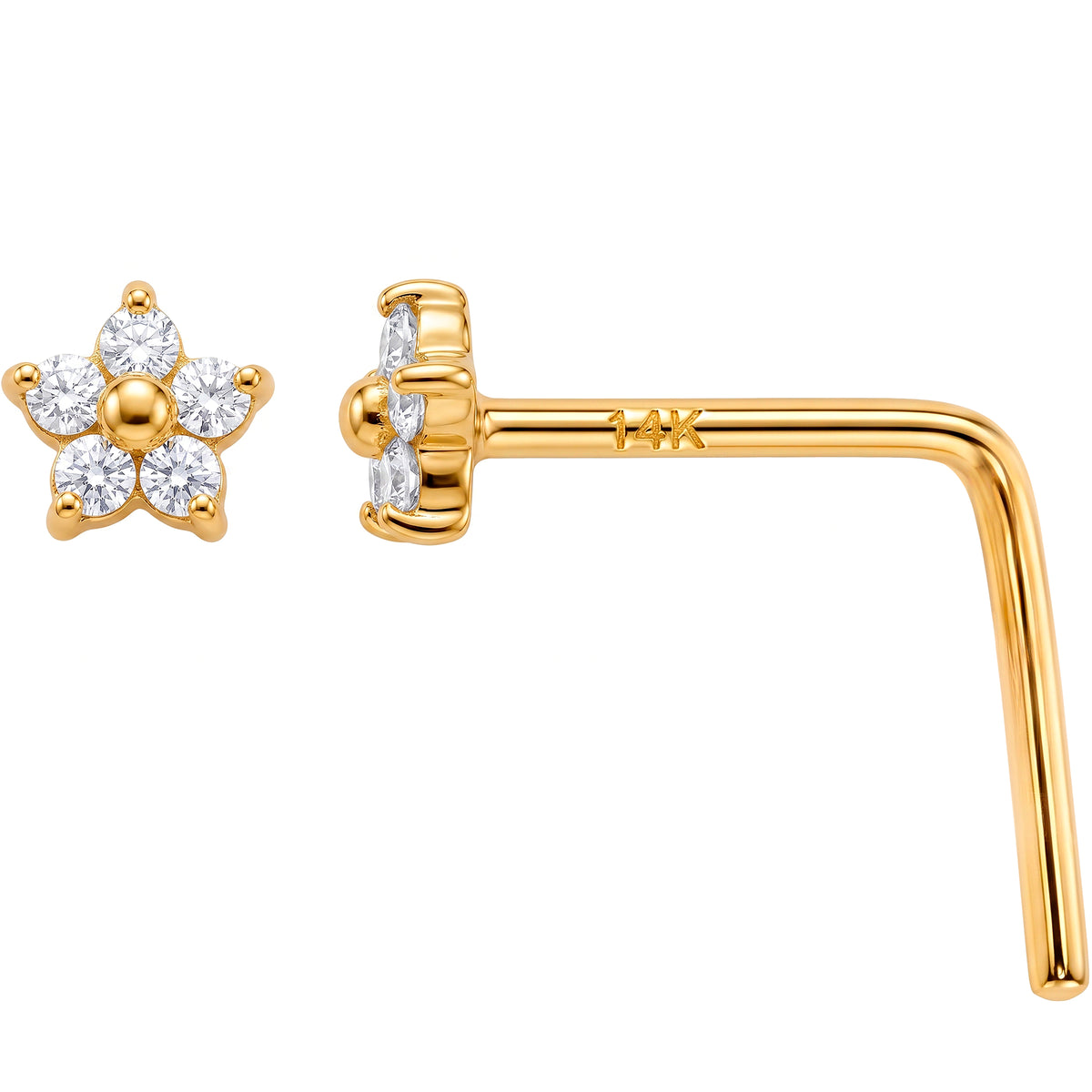 Solid 14k Yellow Gold Starlight Flower CZ 22G L-Shape Nose Ring