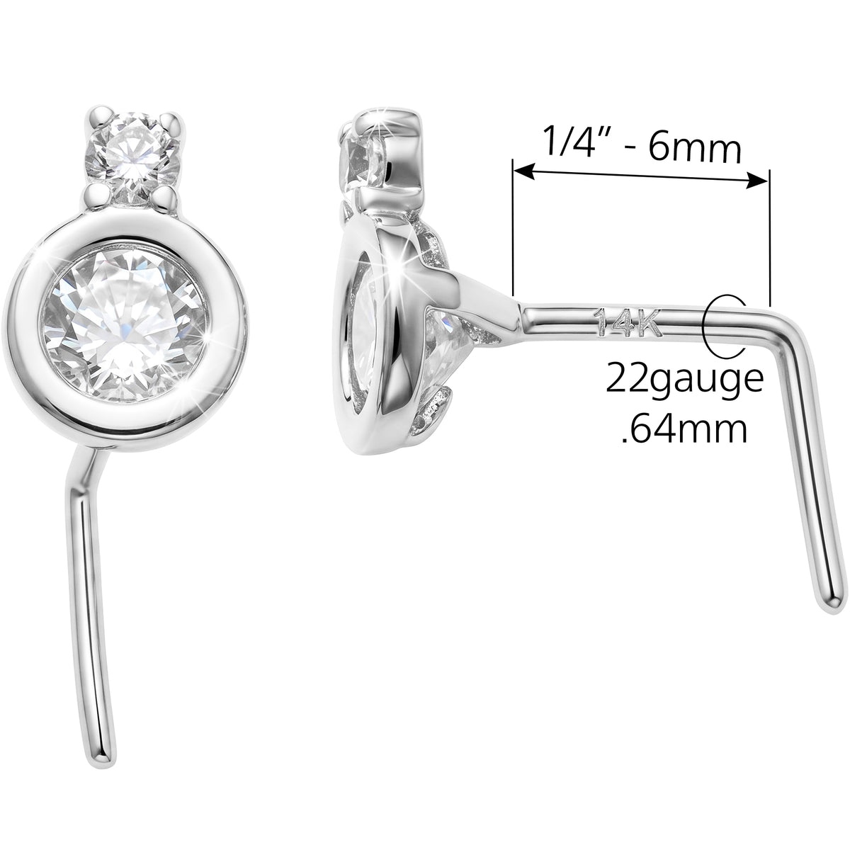 Solid 14k Gold CZ Celestial Orbit 22G L-Shape Nose Ring