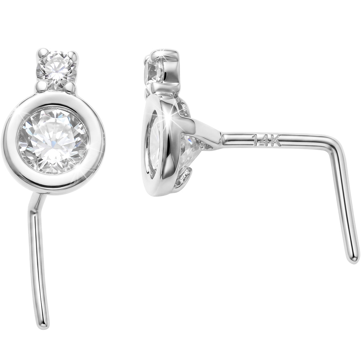Solid 14k Gold CZ Celestial Orbit 22G L-Shape Nose Ring