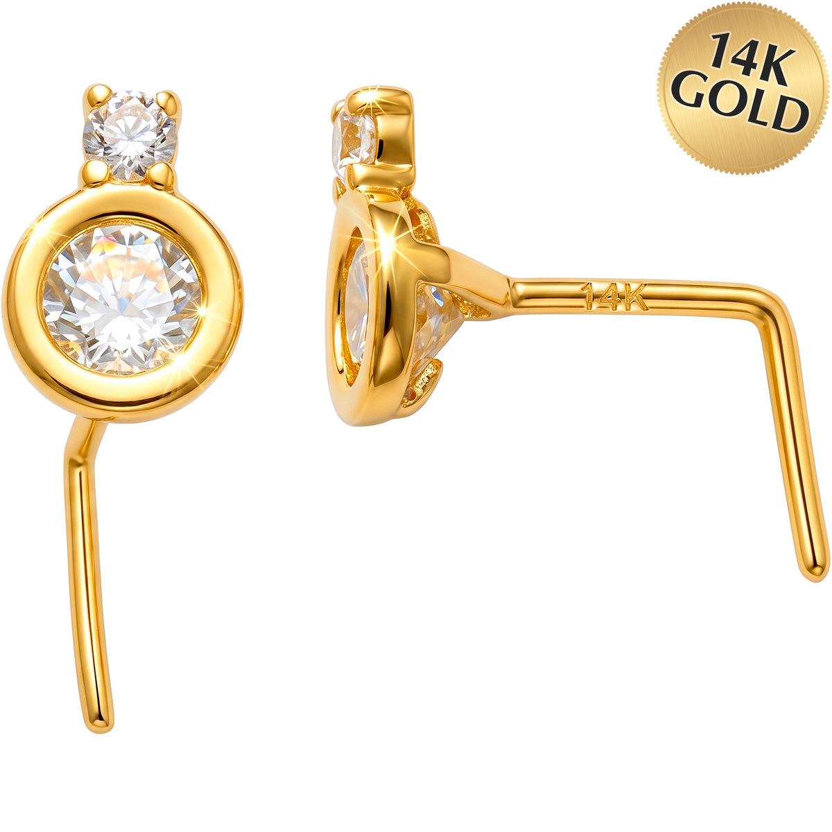 Solid 14k Gold CZ Celestial Orbit 22G L-Shape Nose Ring