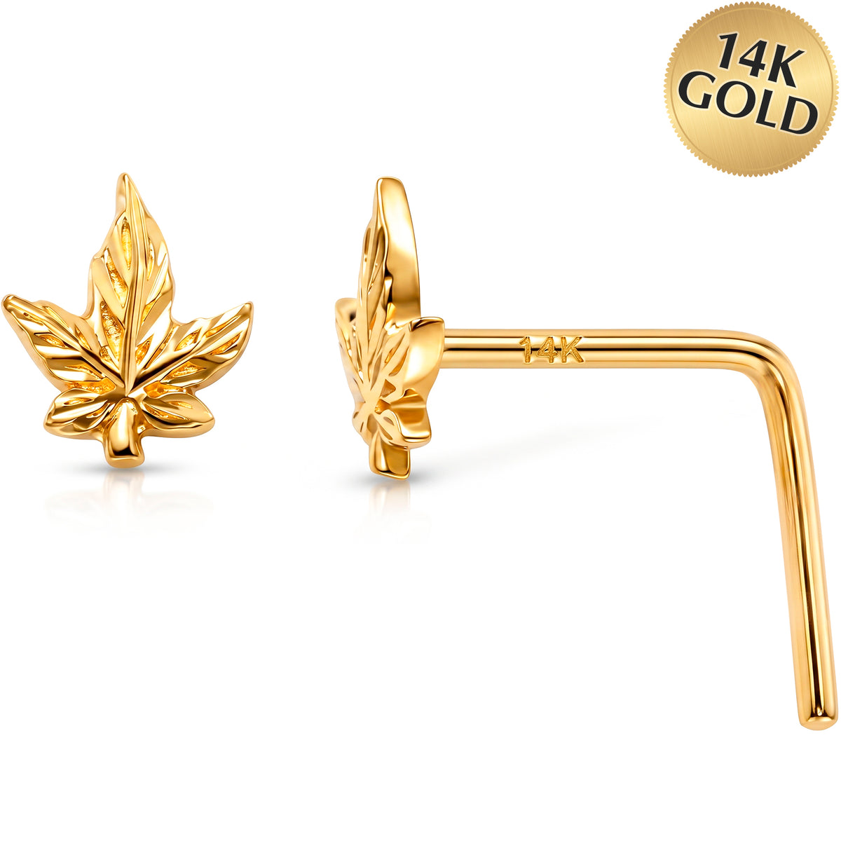 14k Yellow Gold Golden Cannabis Leaf 22 Gauge Nose Ring L-Shape