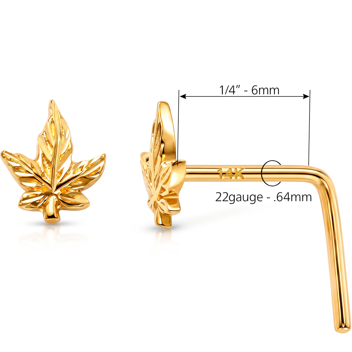 Solid 14k Yellow Gold Golden Cannabis Leaf 22G L-Shape Nose Ring