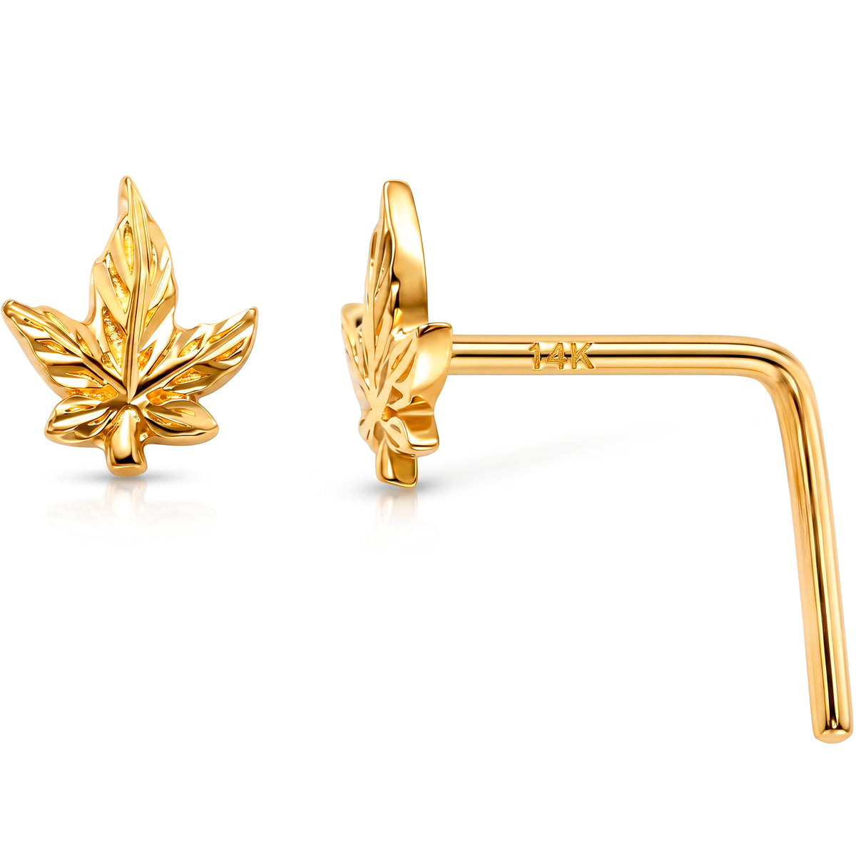 Solid 14k Yellow Gold Golden Cannabis Leaf 22G L-Shape Nose Ring