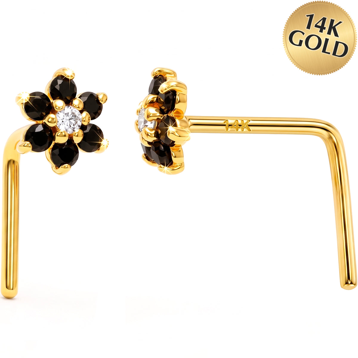 14k Yellow Gold Black CZ Midnight Flower 22 Gauge Nose Ring L-Shape