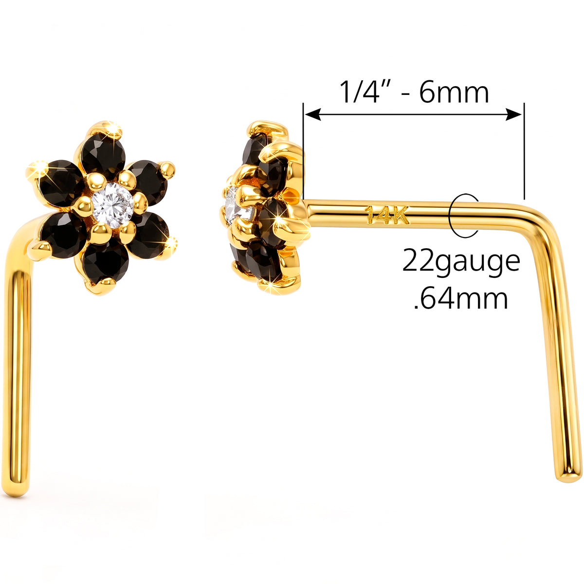 Solid 14k Yellow Gold Black CZ Midnight Flower 22G L-Shape Nose Ring