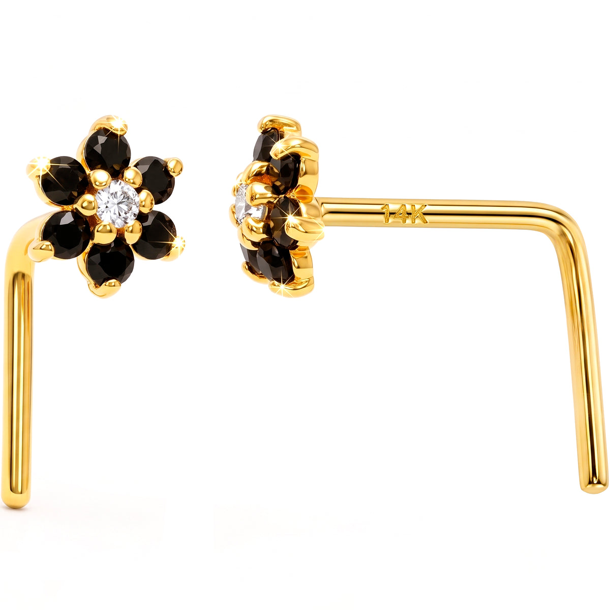 Solid 14k Yellow Gold Black CZ Midnight Flower 22G L-Shape Nose Ring