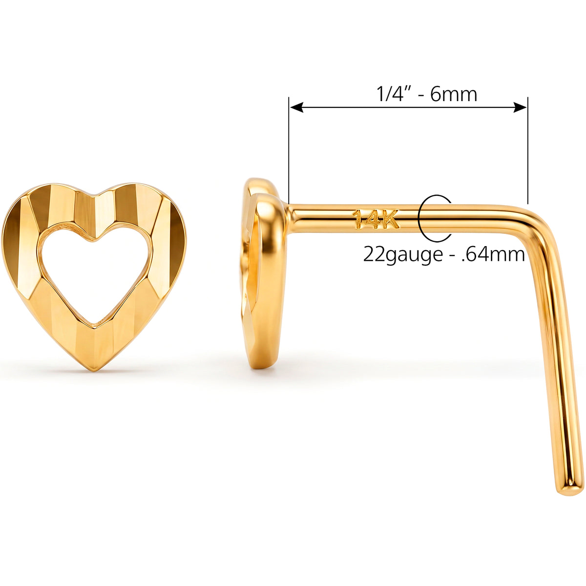 Solid 14k Yellow Gold Open Heart 22G L-Shape Nose Ring