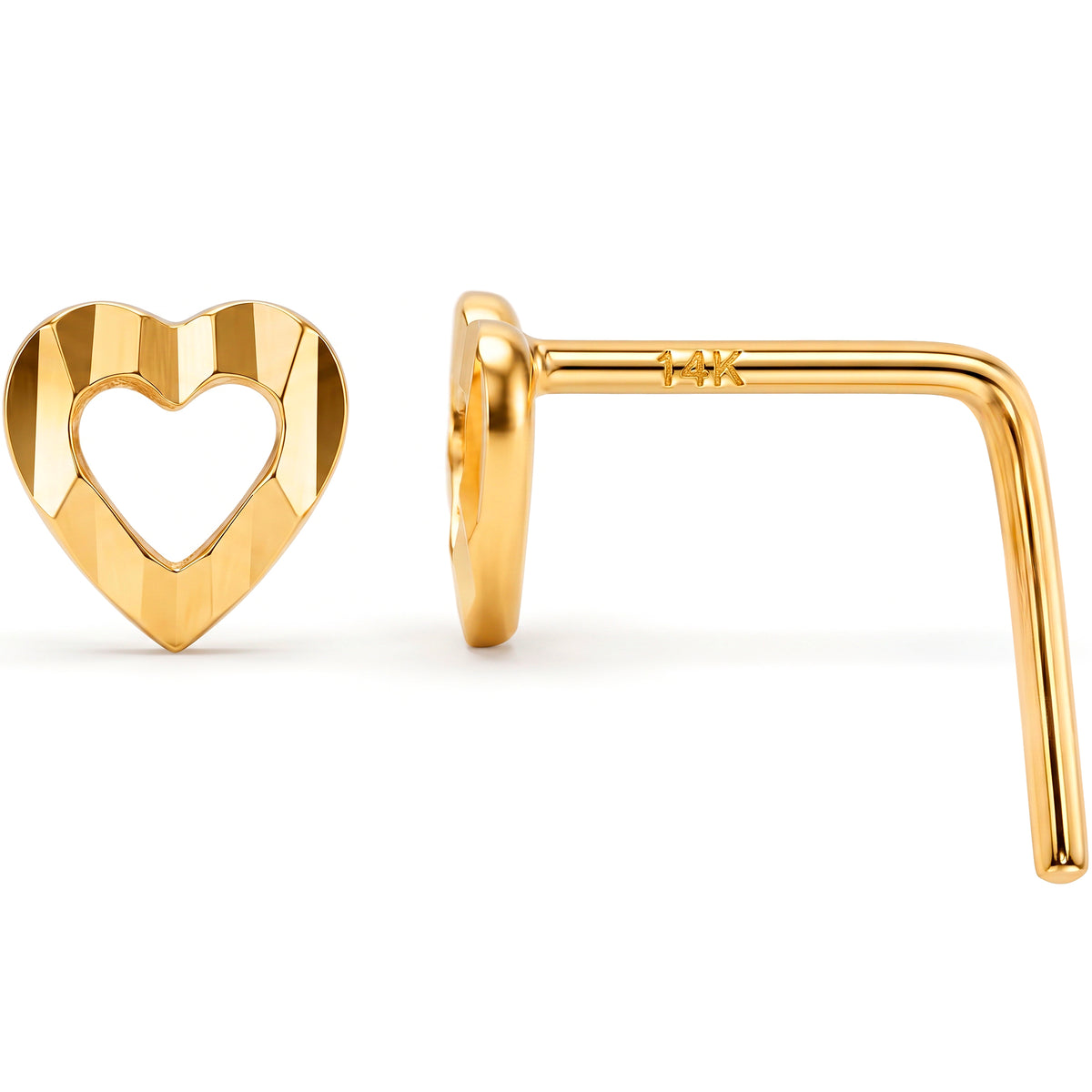 Solid 14k Yellow Gold Open Heart 22G L-Shape Nose Ring
