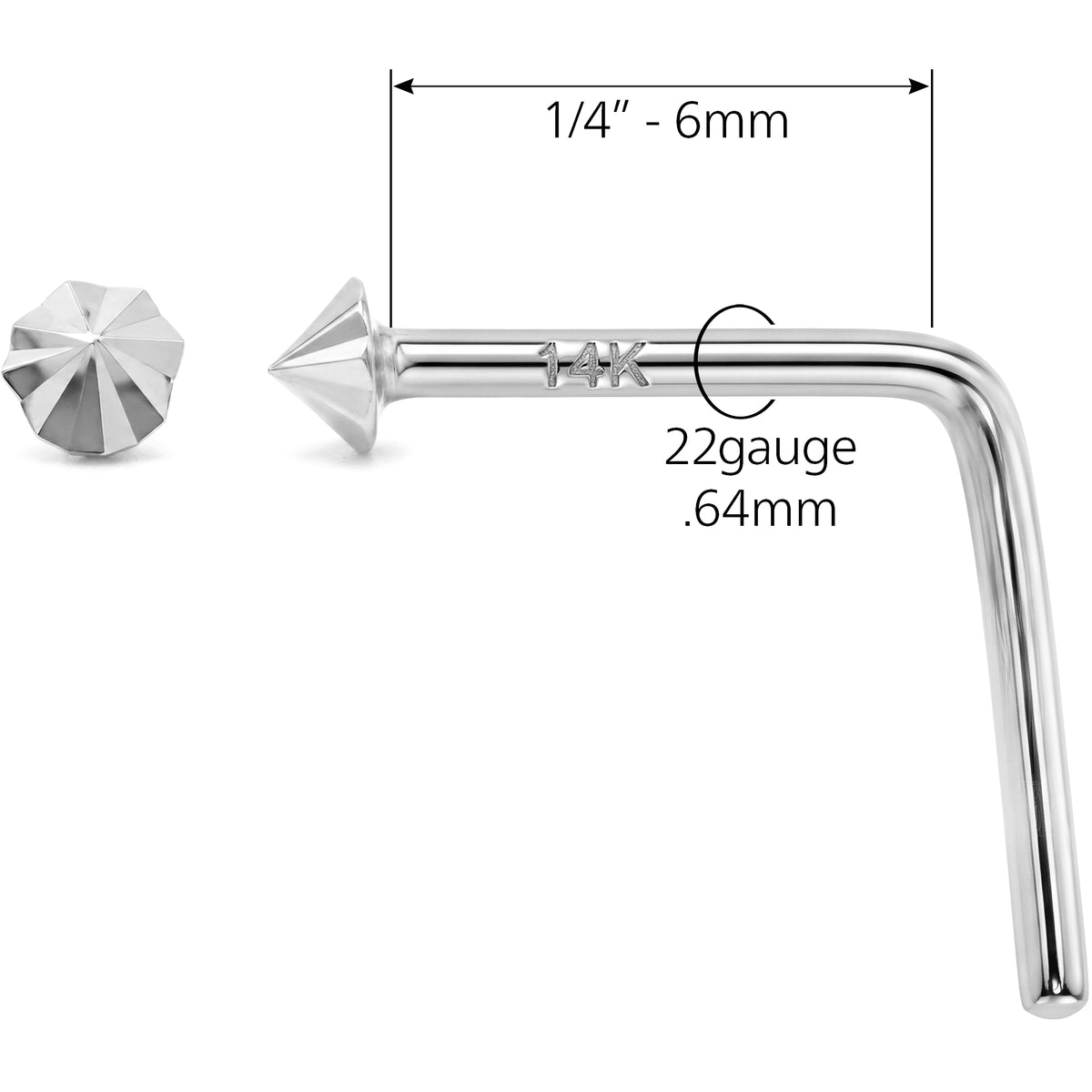 Solid 14k Gold Diamond Cut Cone 22G L-Shape Nose Ring