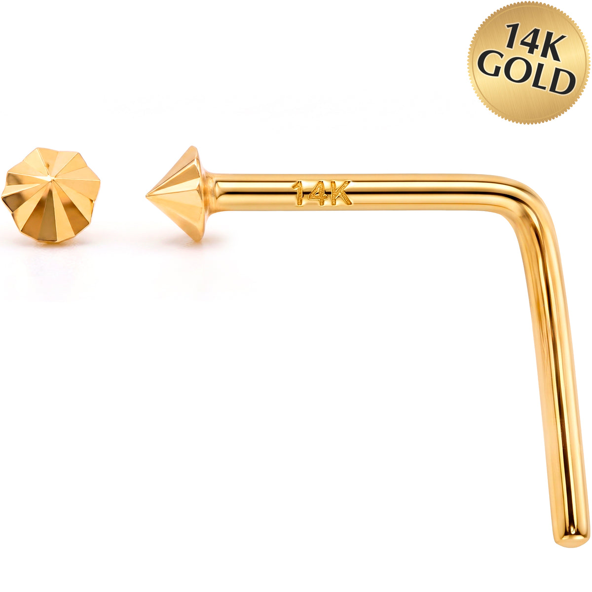 Solid 14k Gold Diamond Cut Cone 22G L-Shape Nose Ring