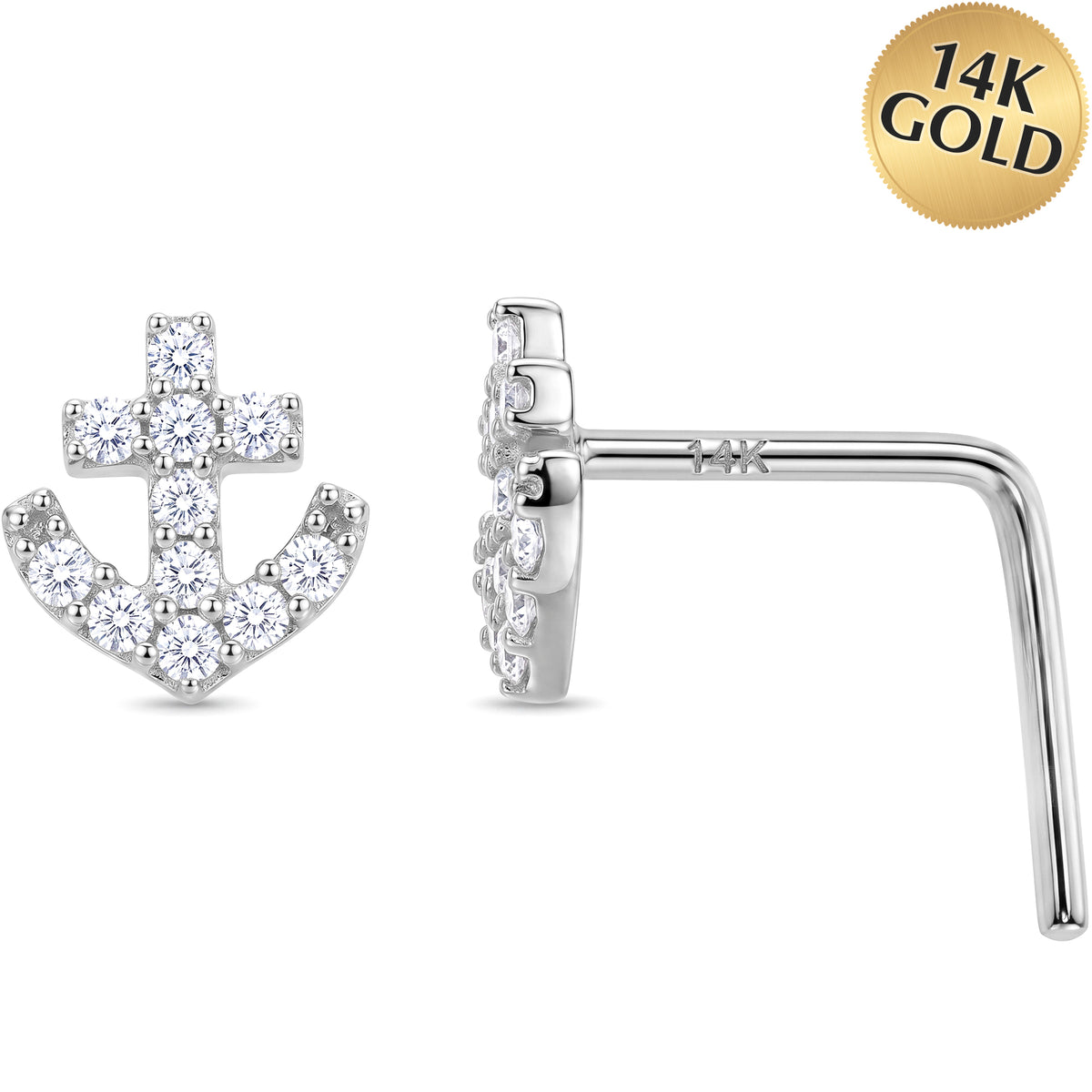 14k Gold Nautical Anchor CZ 22 Gauge Nose Ring L-Shape