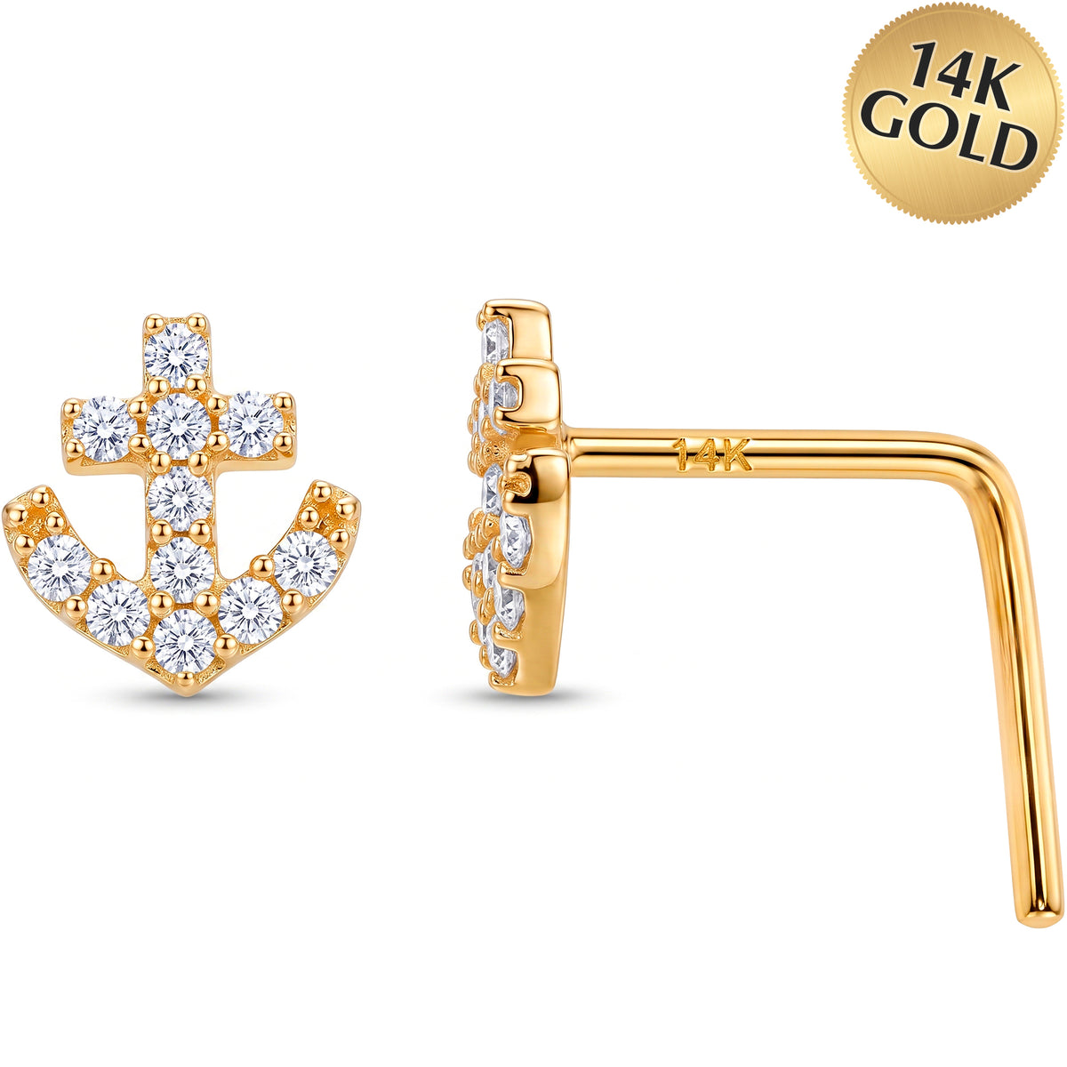 Solid 14k Gold Nautical Anchor CZ 22G L-Shape Nose Ring