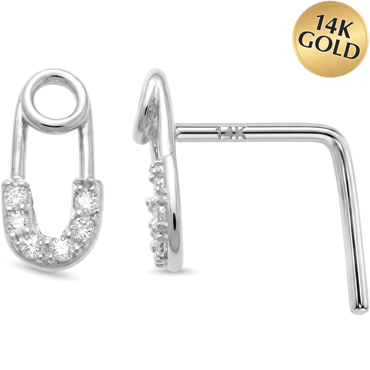 14k Gold Punk Luxe Safety Pin CZ 22 Gauge Nose Ring L-Shape