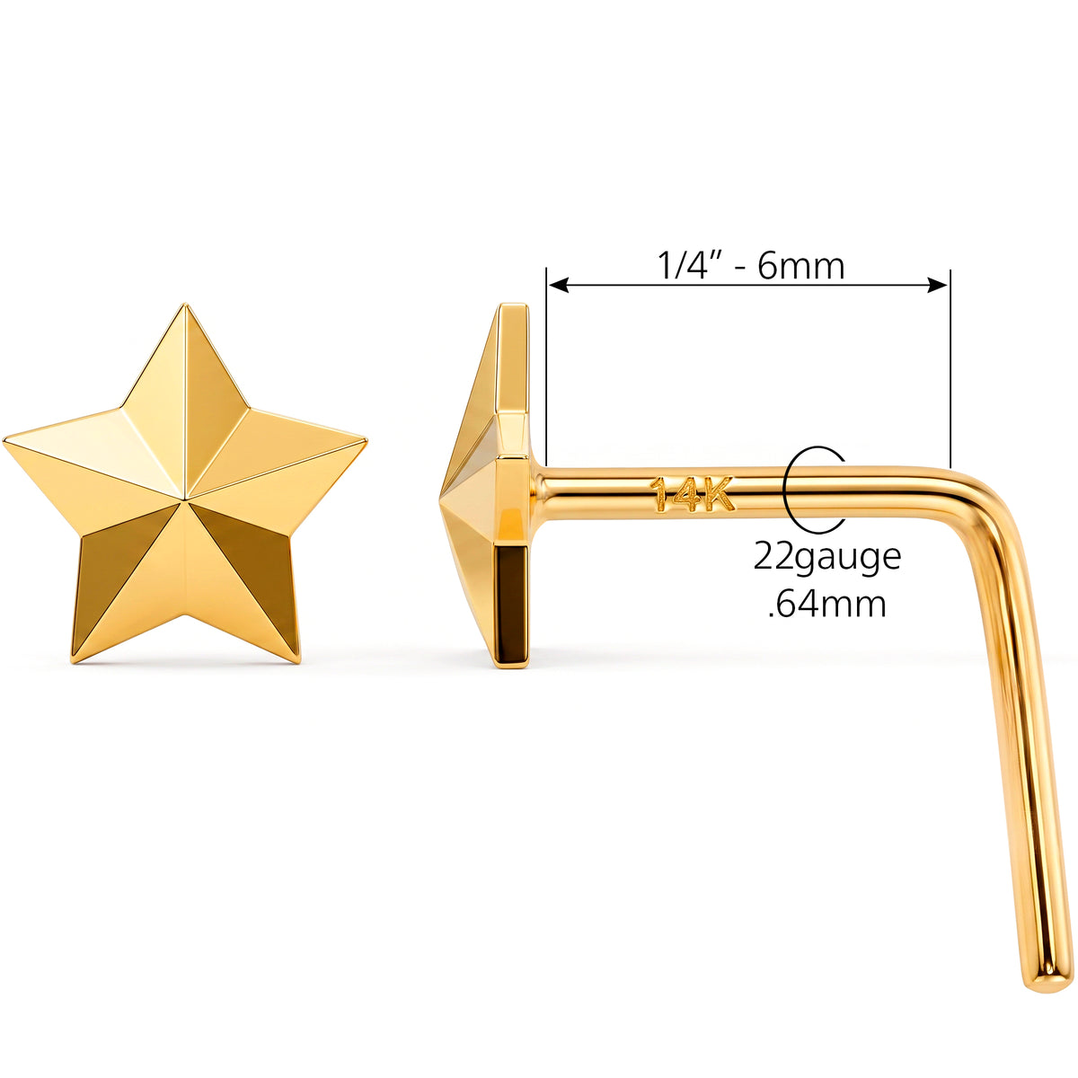 Solid 14k Yellow Gold Golden Star 22G L-Shape Nose Ring
