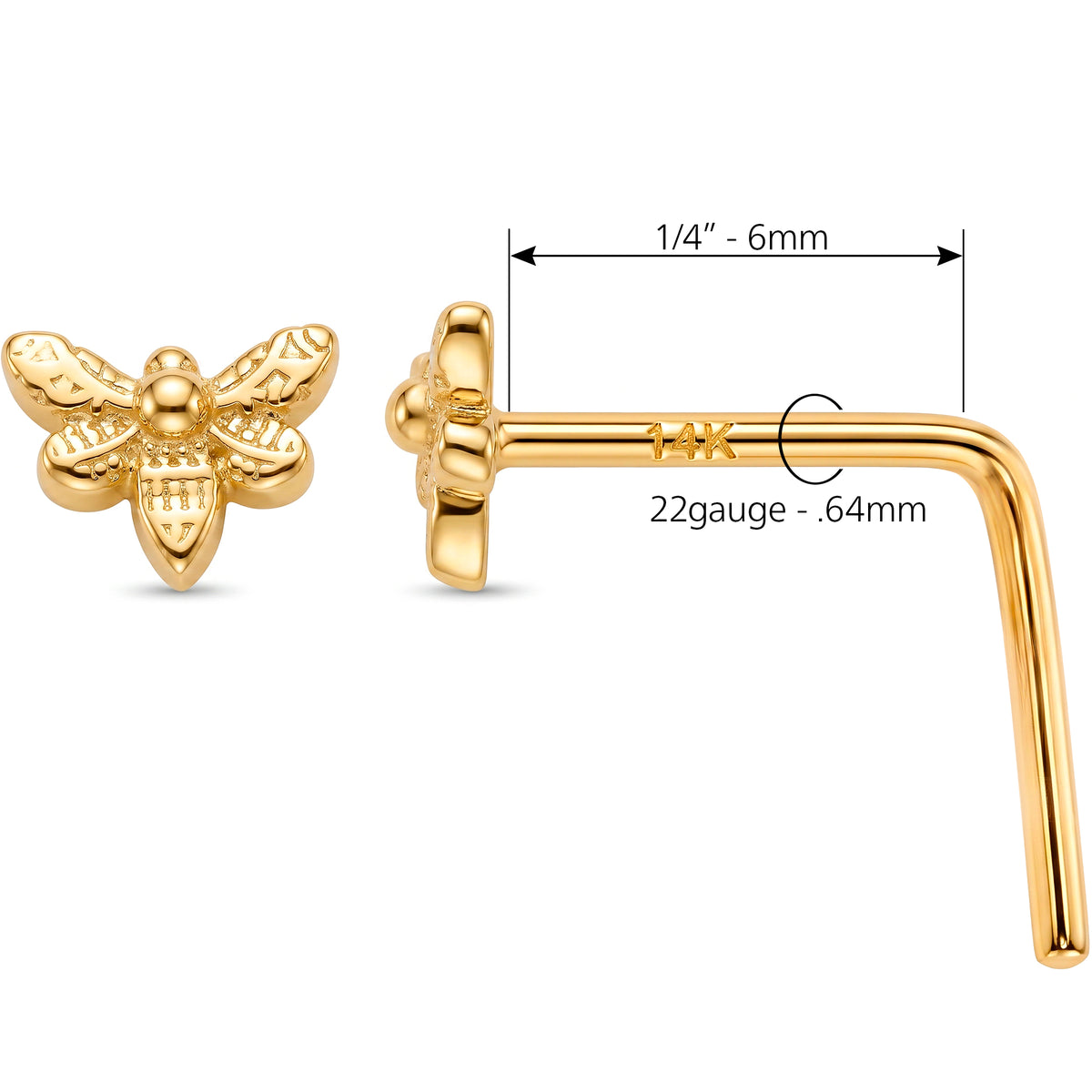 Solid 14k Yellow Gold Honey Bee 22G L-Shape Nose Ring