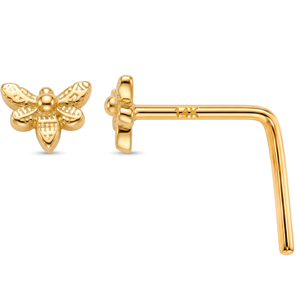 Solid 14k Yellow Gold Honey Bee 22G L-Shape Nose Ring