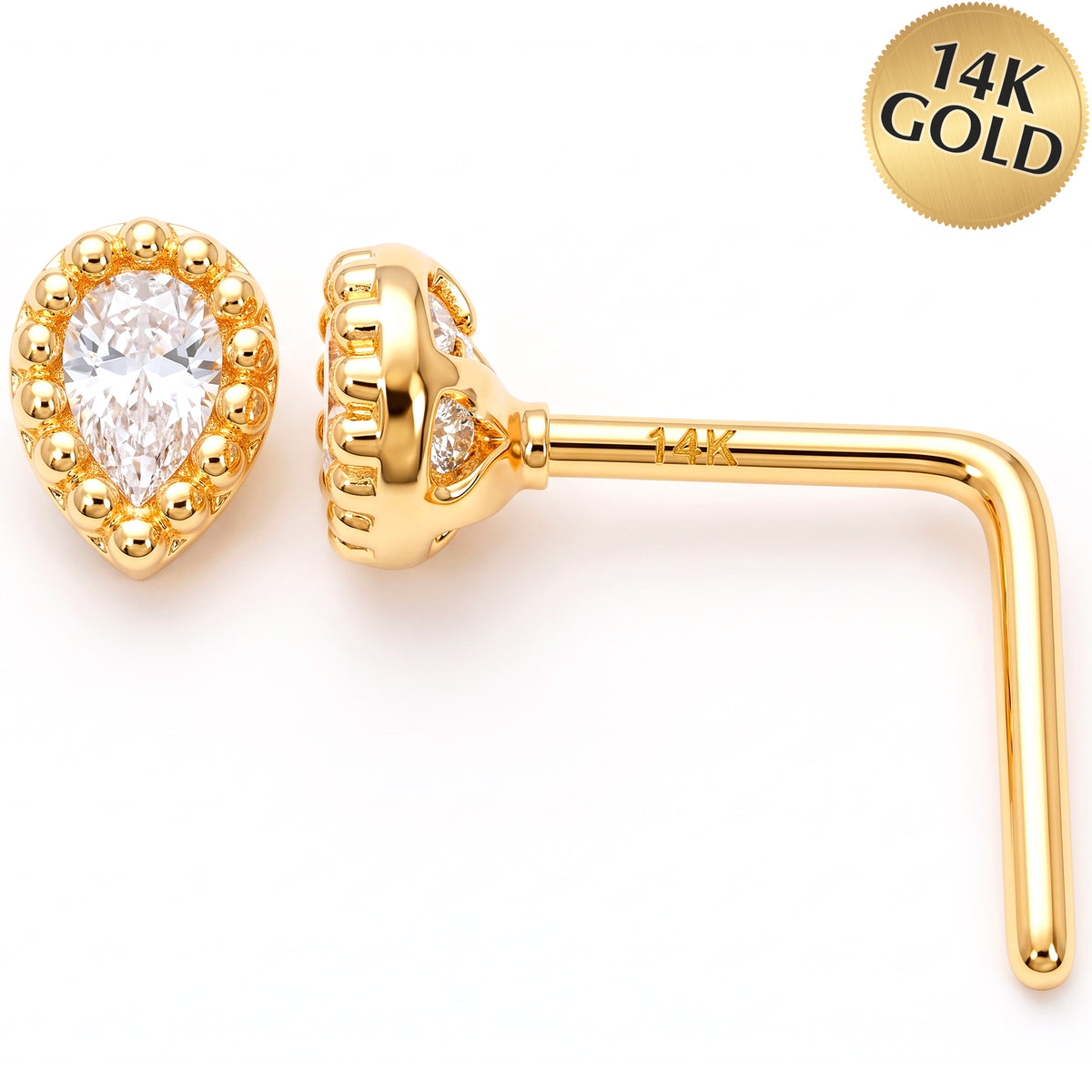 14k Yellow CZ Teardrop Halo 22 Gauge Nose Ring L-Shape