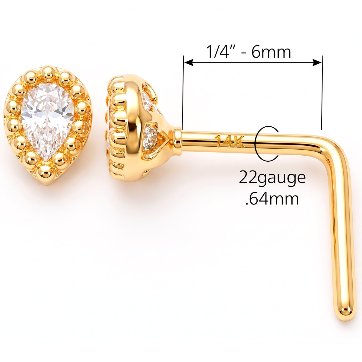Solid 14k Yellow CZ Teardrop Halo 22G L-Shape Nose Ring