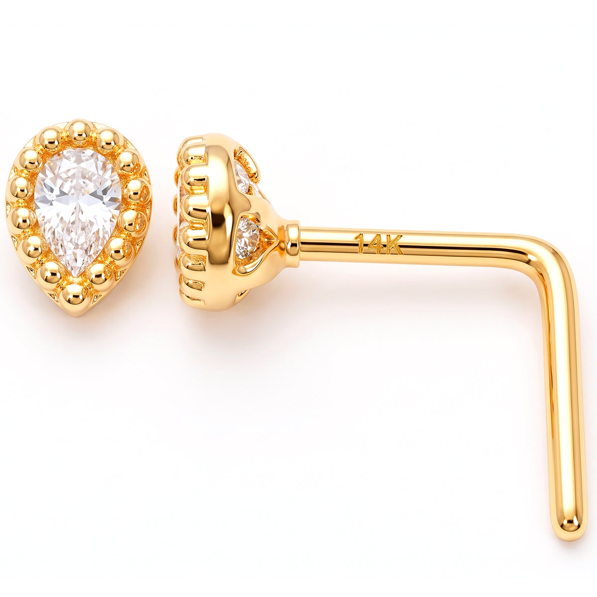 Solid 14k Yellow CZ Teardrop Halo 22G L-Shape Nose Ring