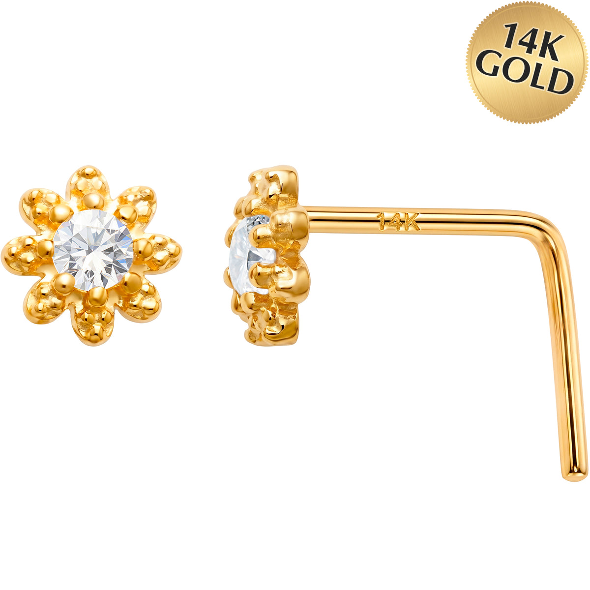 14k Yellow Gold CZ Sunflower 22 Gauge Nose Ring L-Shape