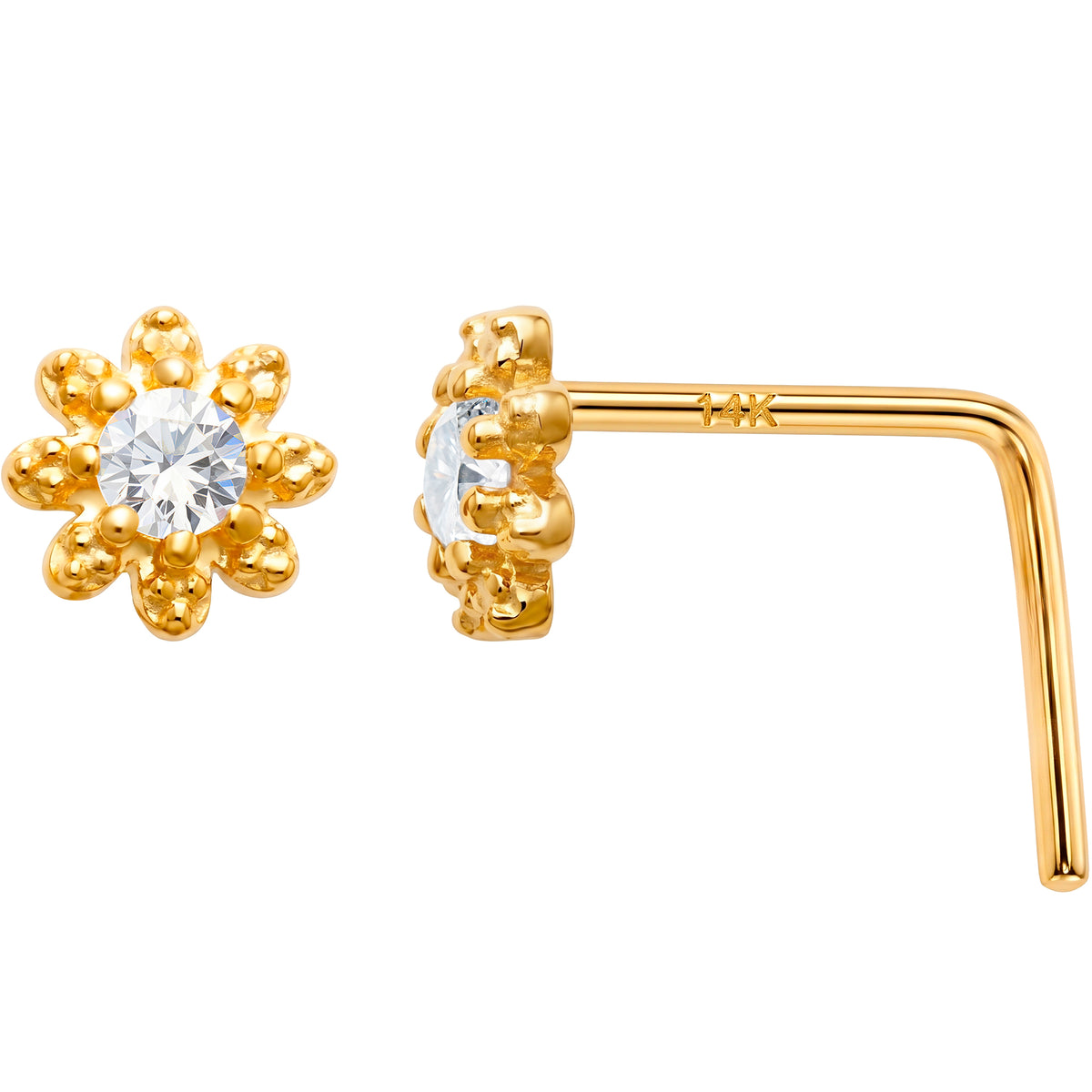 Solid 14k Yellow Gold CZ Sunflower 22G L-Shape Nose Ring
