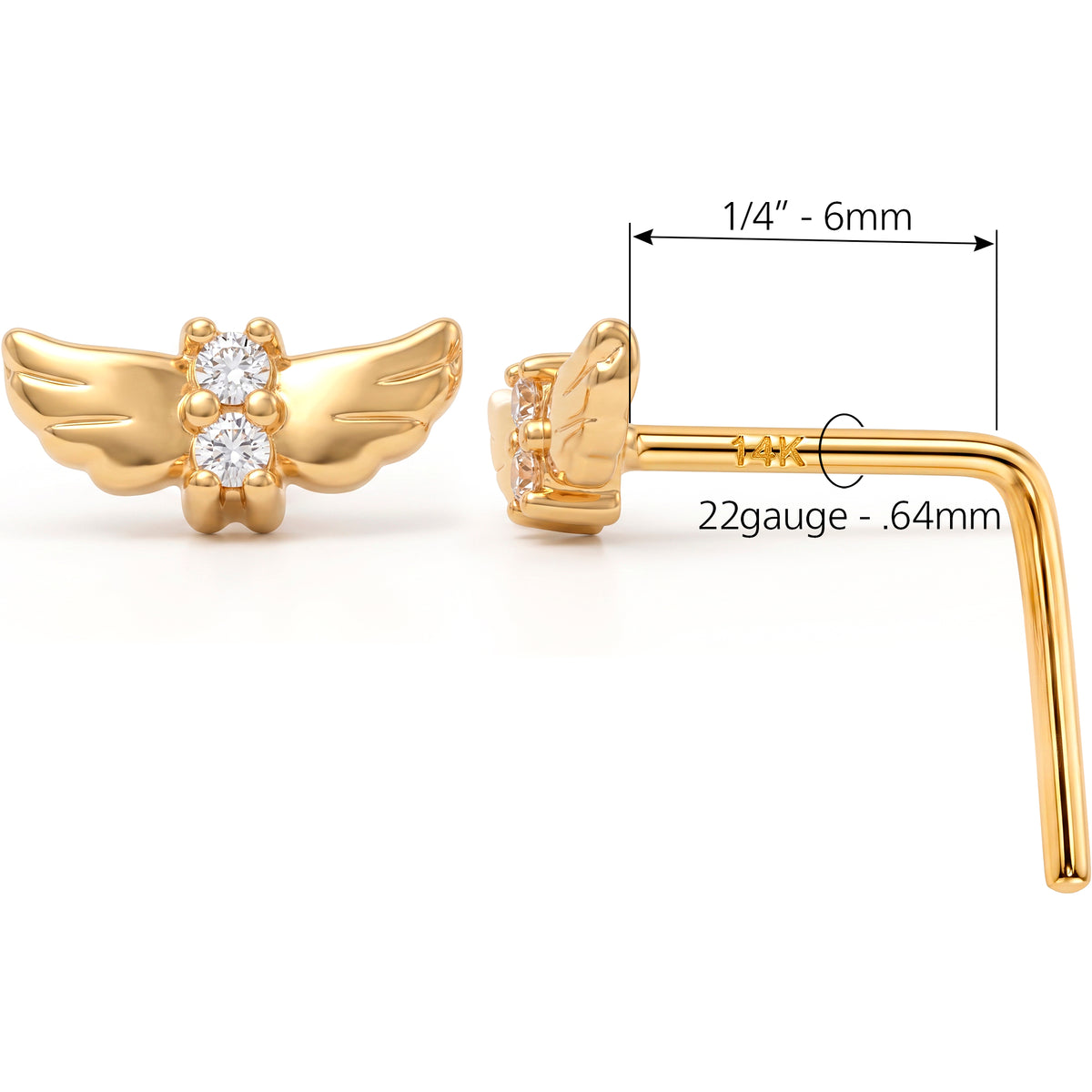 Solid 14k Yellow CZ Gold Angel Wing 22G L-Shape Nose Ring