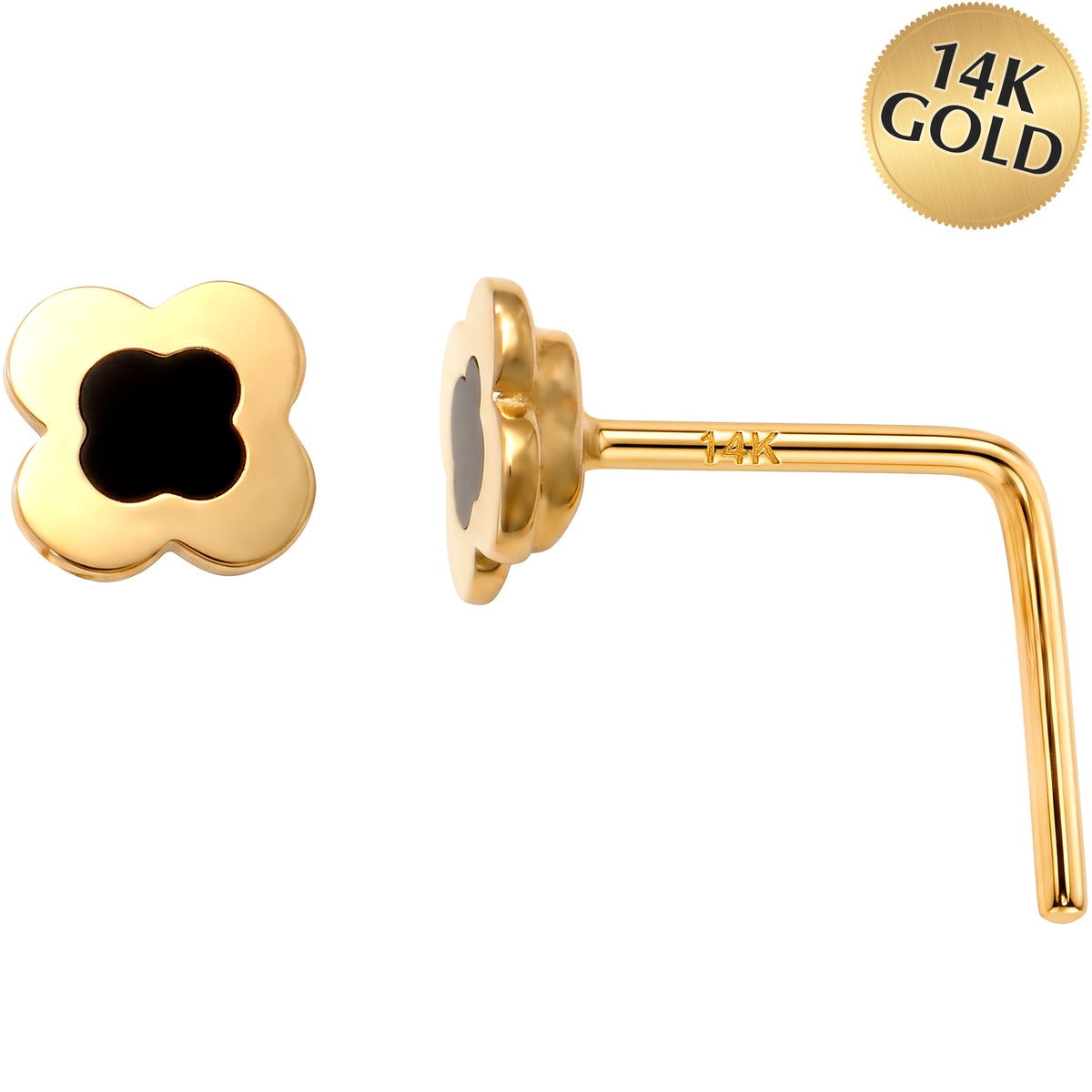 14k Yellow Black Clover Flower 22 Gauge Nose Ring L-Shape