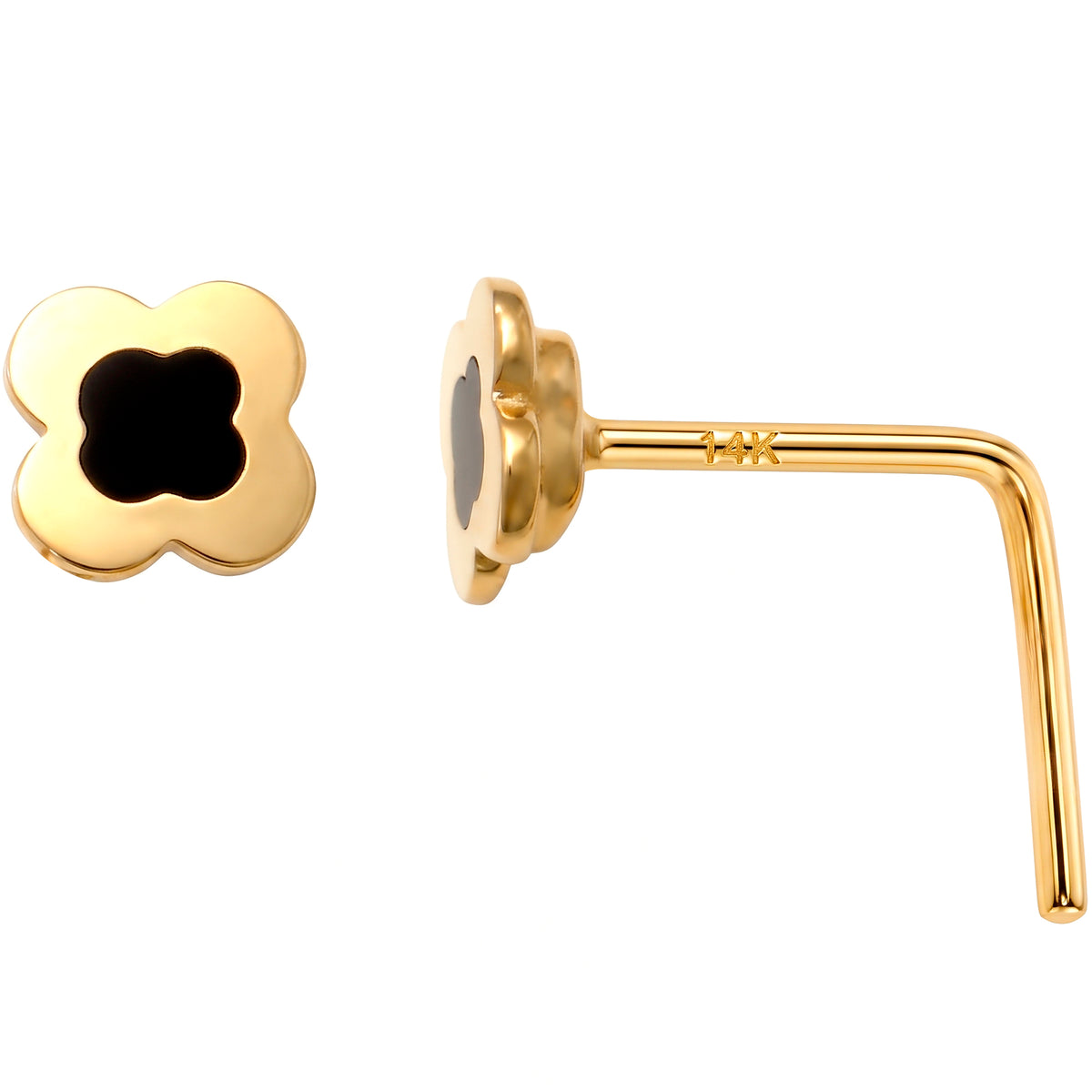 Solid 14k Yellow Black Clover Flower 22G L-Shape Nose Ring