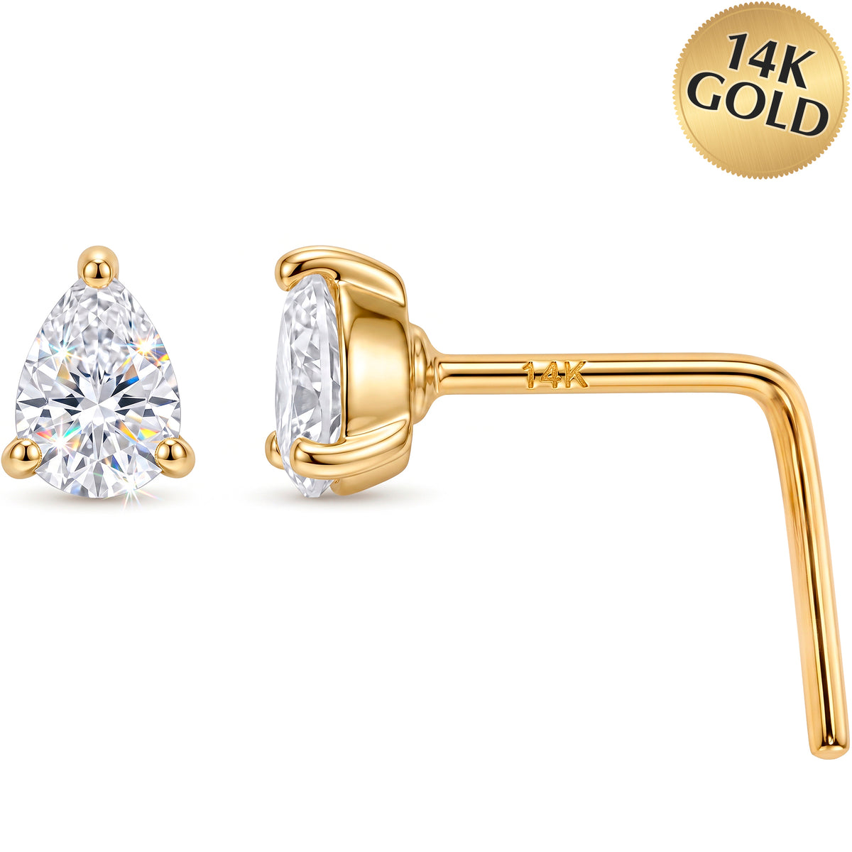 14k Yellow Gold Trillion Sparkle CZ 22 Gauge Nose Ring L-Shape