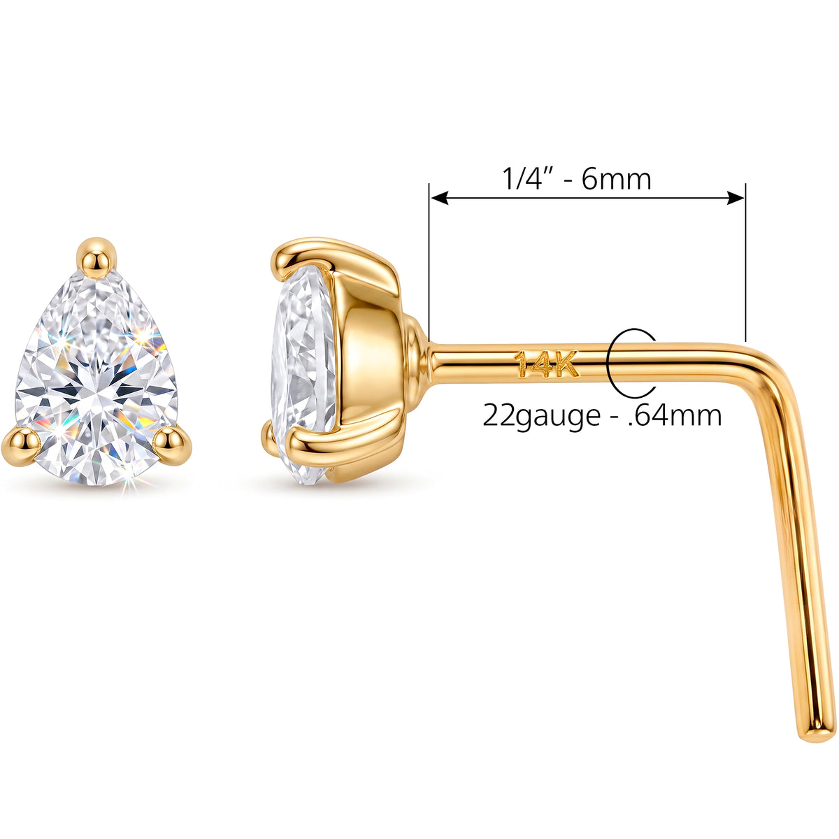 Solid 14k Yellow Gold Trillion Sparkle CZ 22G L-Shape Nose Ring