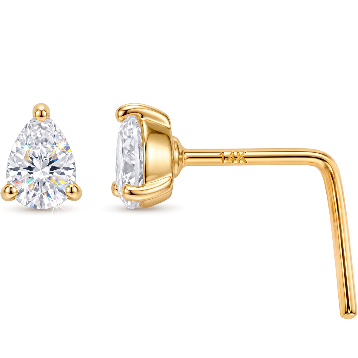 Solid 14k Yellow Gold Trillion Sparkle CZ 22G L-Shape Nose Ring