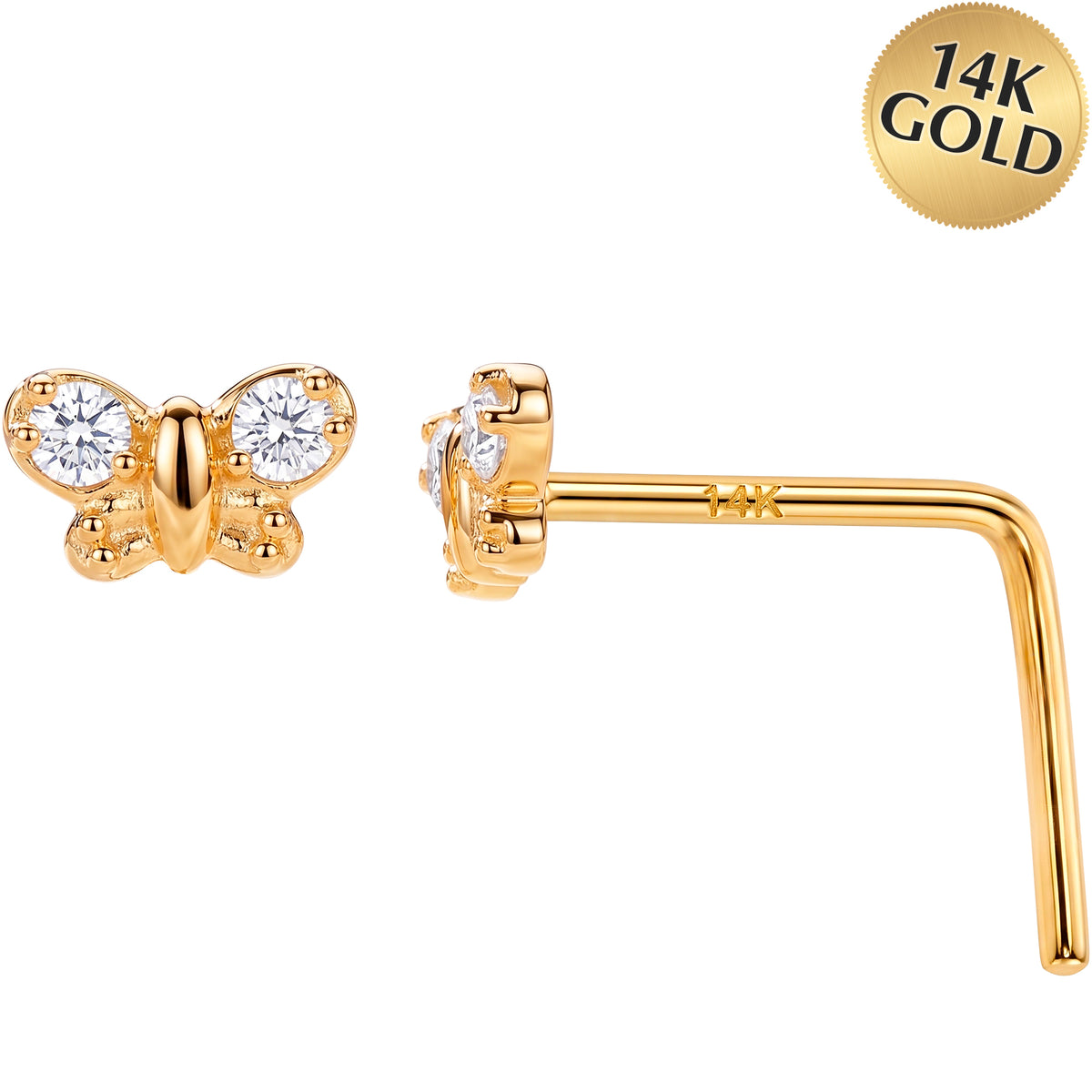 14k Yellow CZ Butterfly 22 Gauge Nose Ring L-Shape