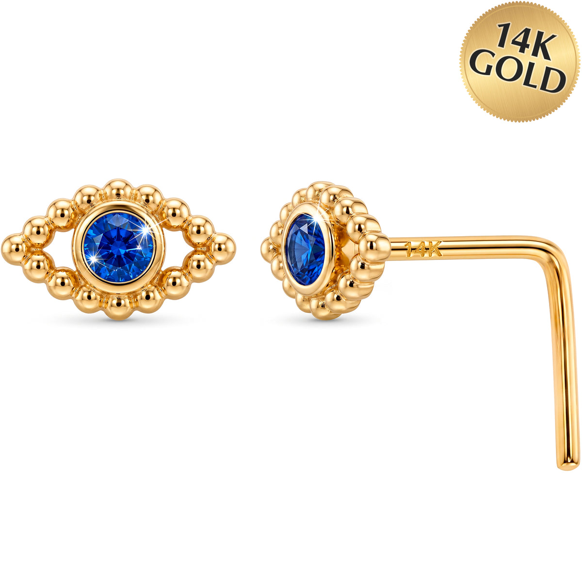 14k Yellow Gold Blue Mystic Eye CZ 22 Gauge Nose Ring L-Shape