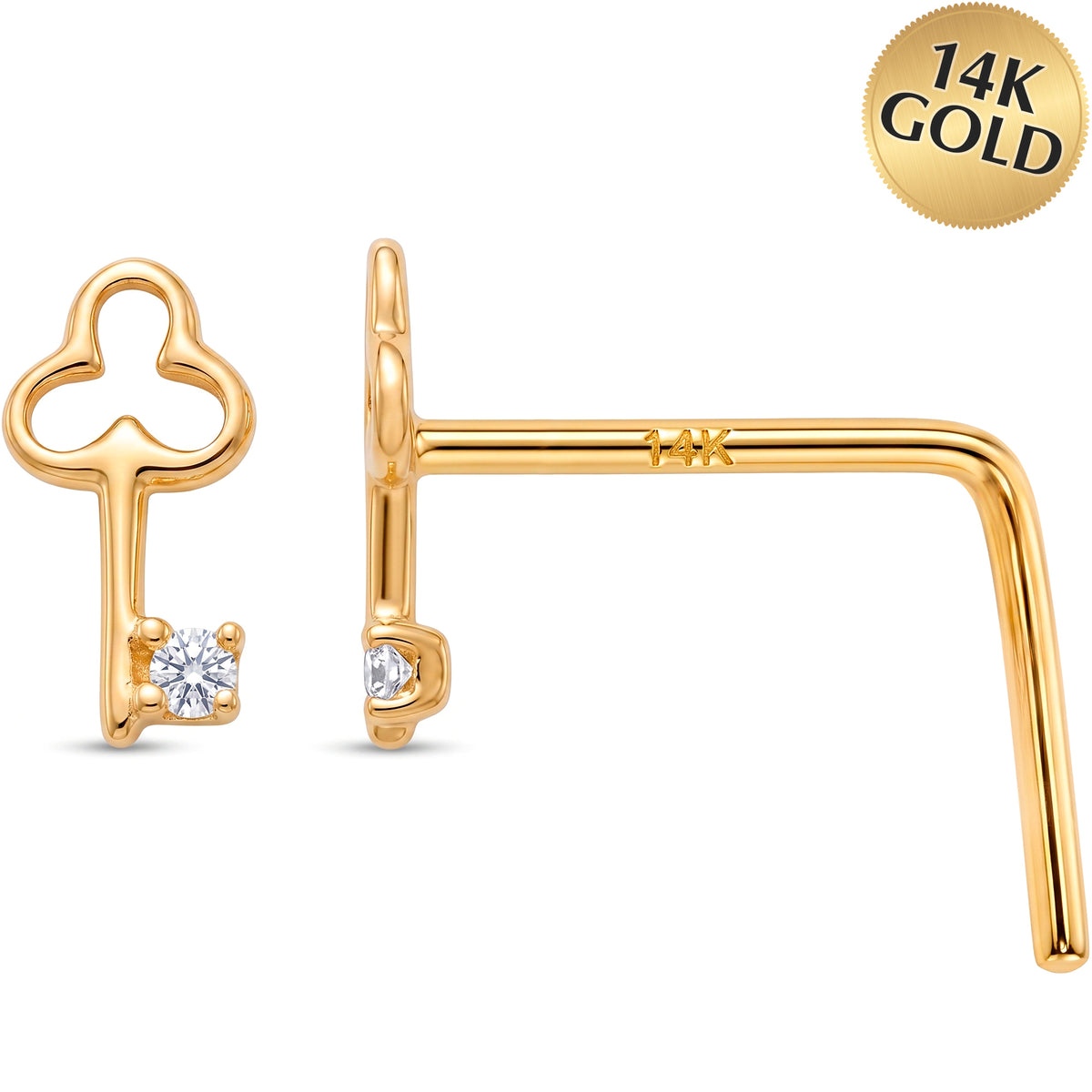 14k Yellow Gold Secret key CZ 22 Gauge Nose Ring L-Shape