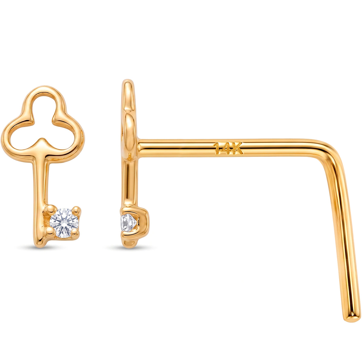 Solid 14k Yellow Gold Secret key CZ 22G L-Shape Nose Ring