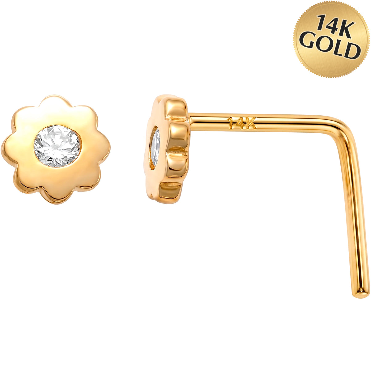 14k Yellow CZ Daisy Flower 22 Gauge Nose Ring L-Shape