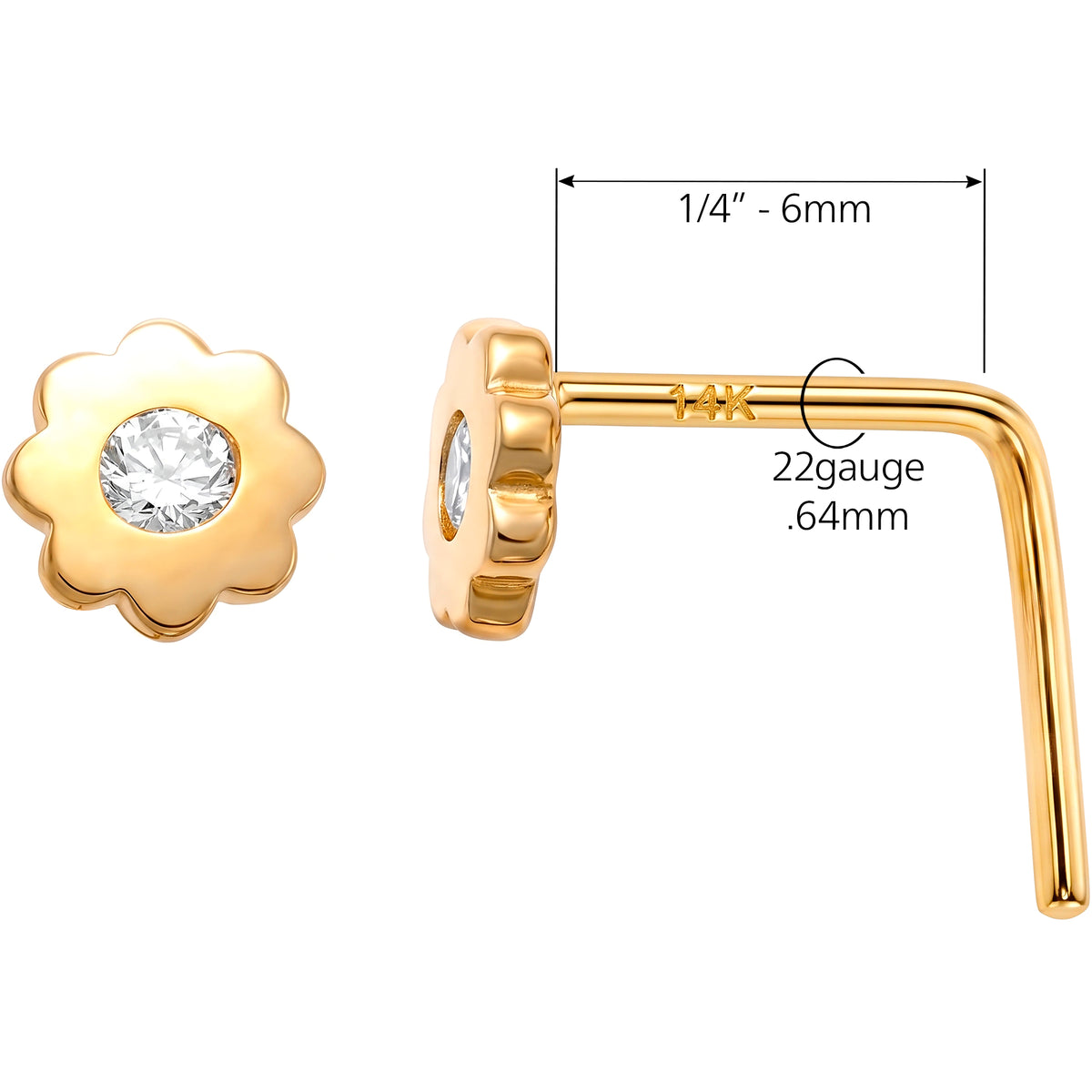 Solid 14k Yellow CZ Daisy Flower 22G L-Shape Nose Ring