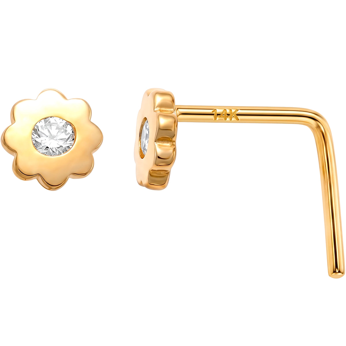 Solid 14k Yellow CZ Daisy Flower 22G L-Shape Nose Ring