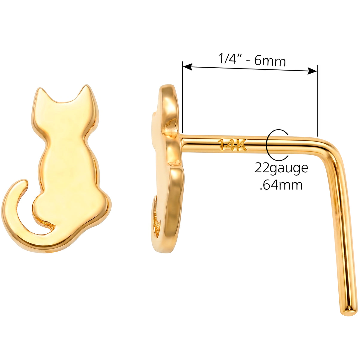 Solid 14k Yellow Sitting Cat 22G L-Shape Nose Ring