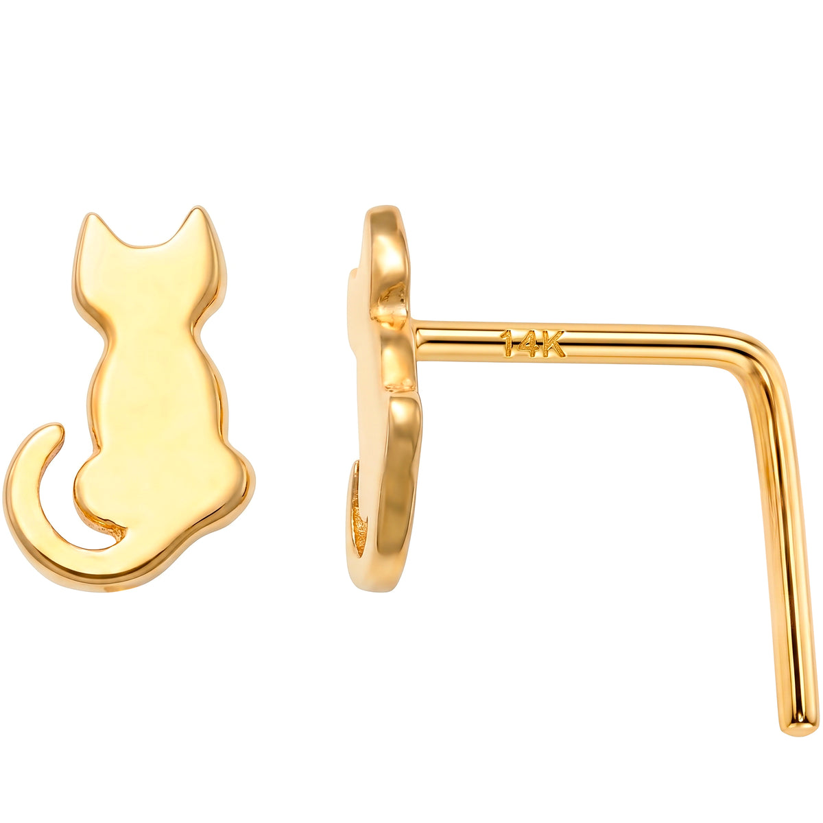 Solid 14k Yellow Sitting Cat 22G L-Shape Nose Ring