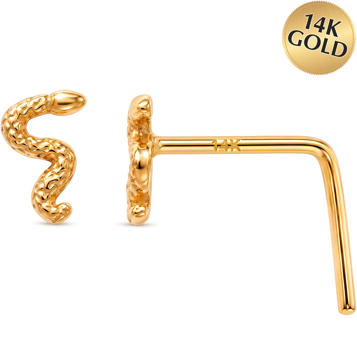 14k Yellow Gold Serpent 22 Gauge Nose Ring L-Shape