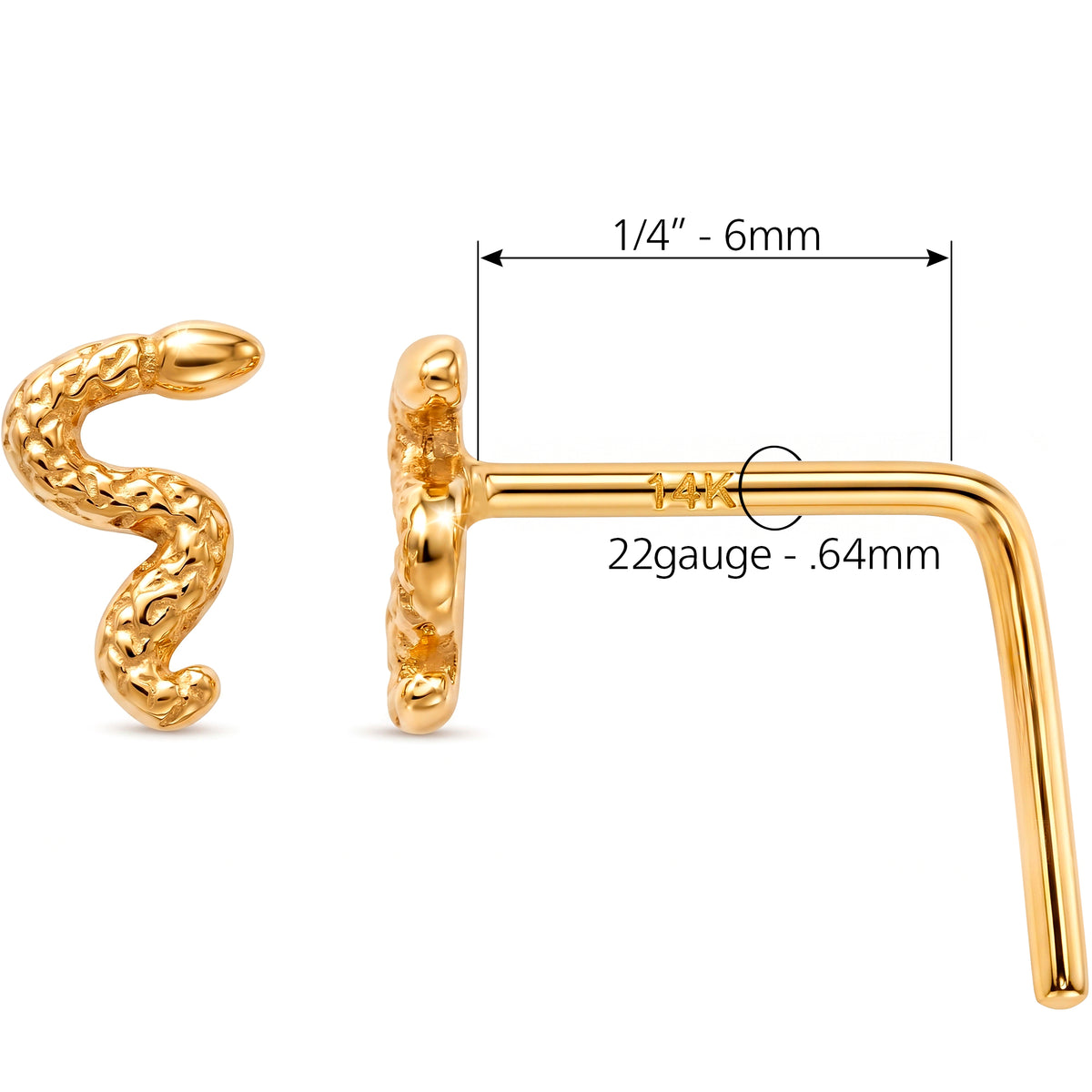 Solid 14k Yellow Gold Serpent 22G L-Shape Nose Ring