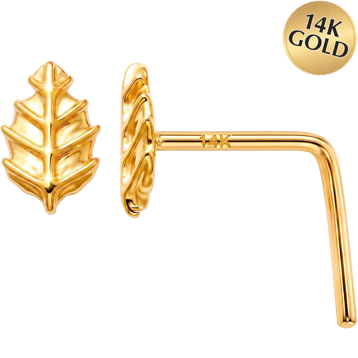 14k Yellow Gold Golden Leaf 22 Gauge Nose Ring L-Shape