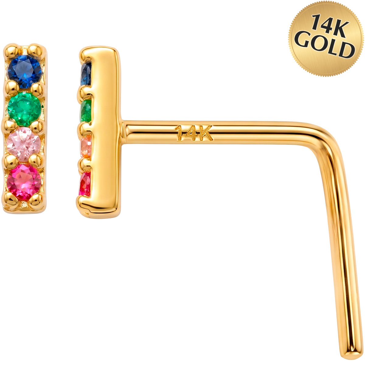 14k Yellow Gold Rainbow Sparkle Bar CZ 22 Gauge Nose Ring L-Shape