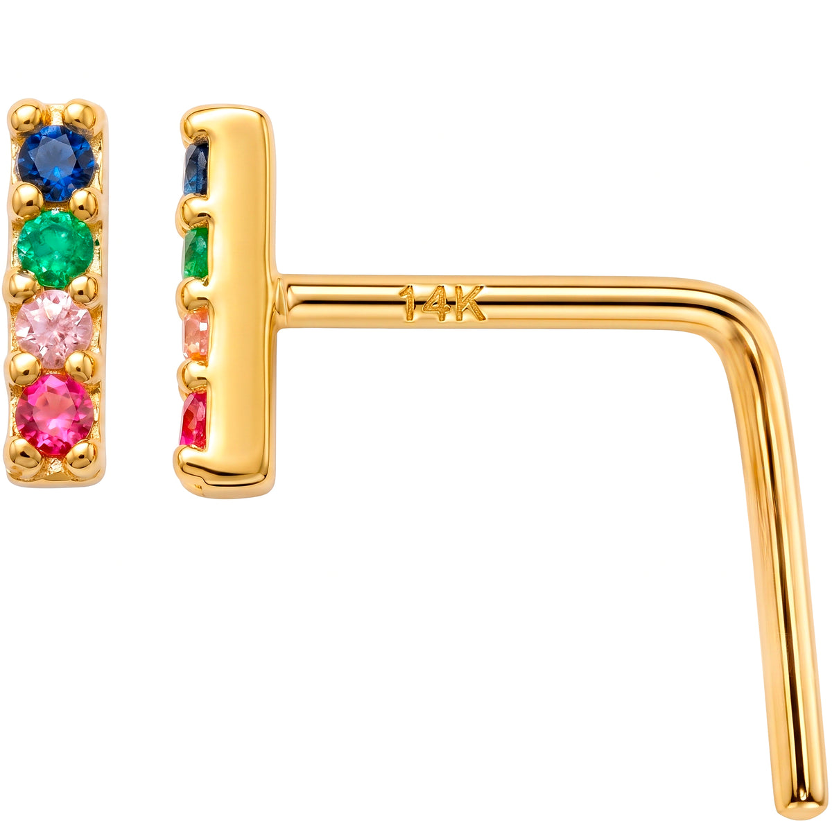 Solid 14k Yellow Gold Rainbow Sparkle Bar CZ 22G L-Shape Nose Ring